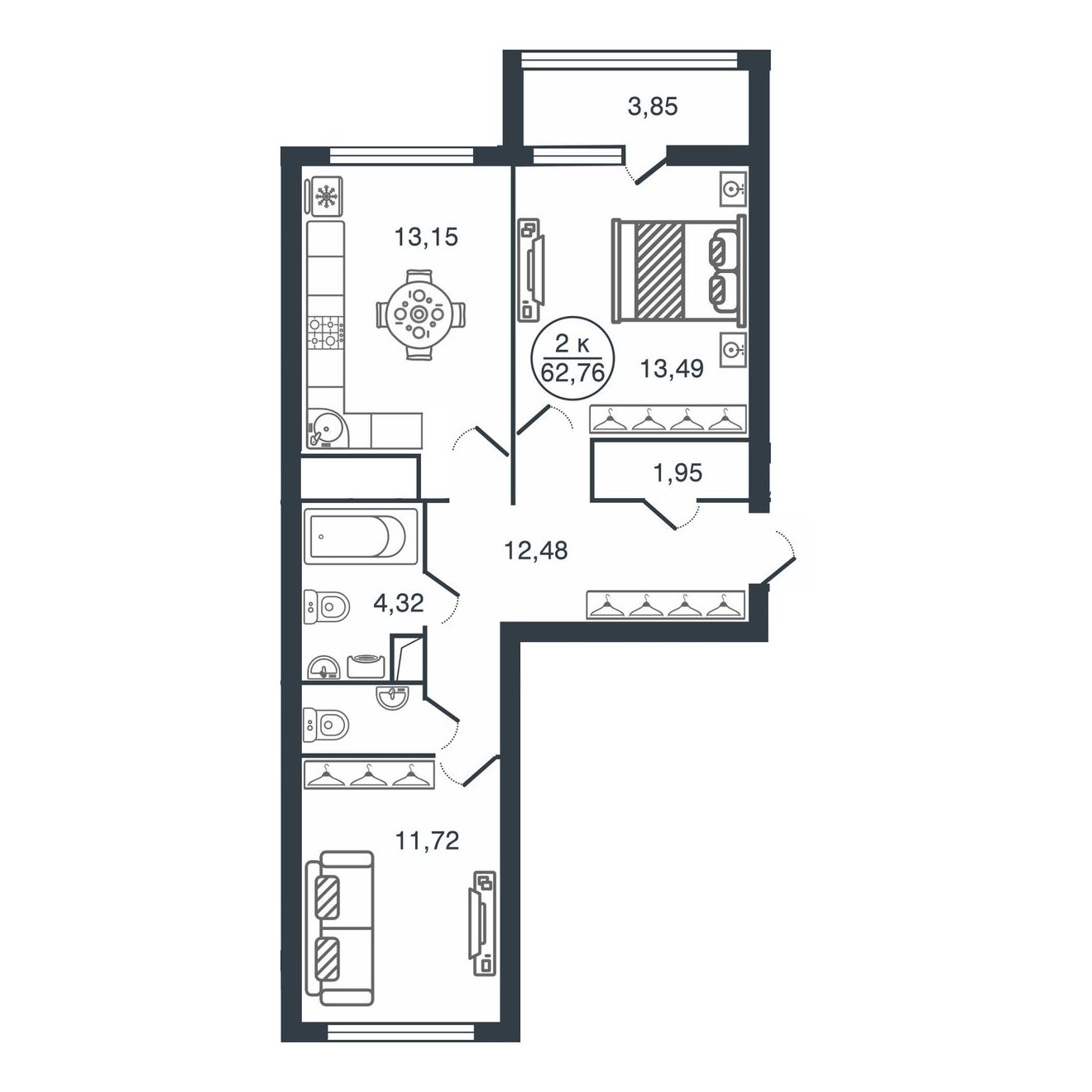 Планировка 2-комнатной квартиры 62.76 м²