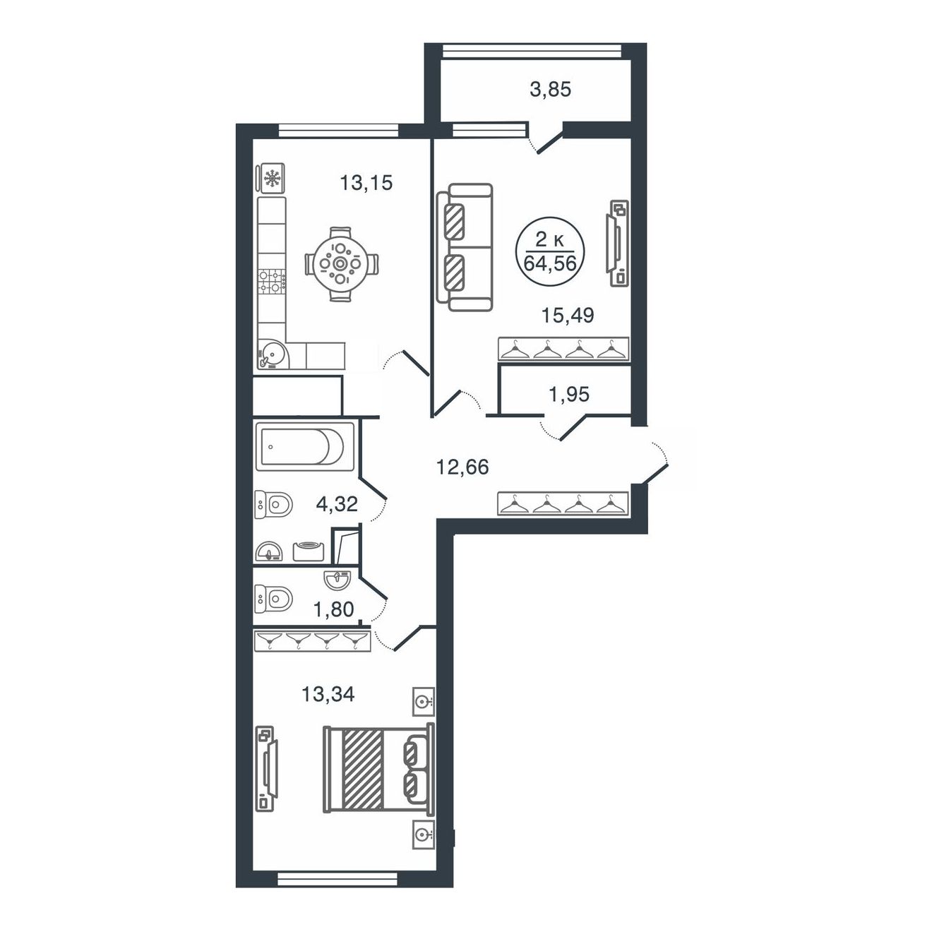 Планировка 2-комнатной квартиры 64.56 м²