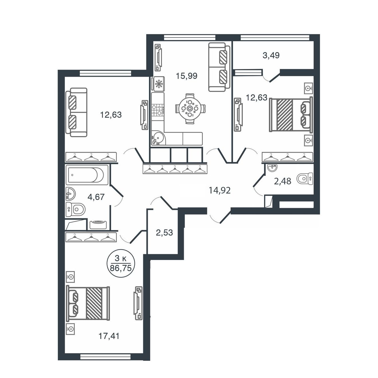 Планировка 3-комнатной квартиры 86.75 м²