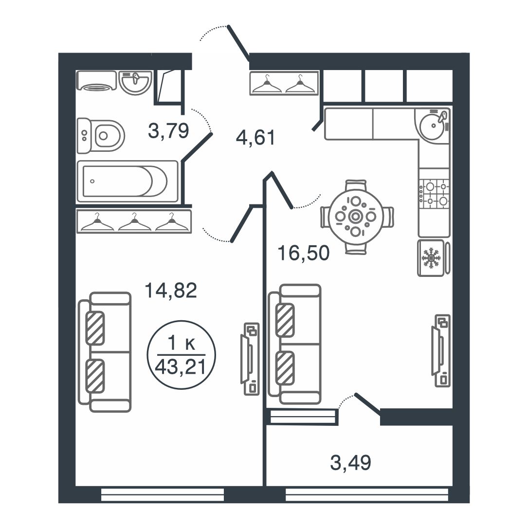 Планировка 1-комнатной квартиры 43.21 м²