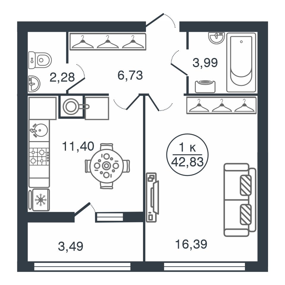 Планировка 1-комнатной квартиры 42.83 м²