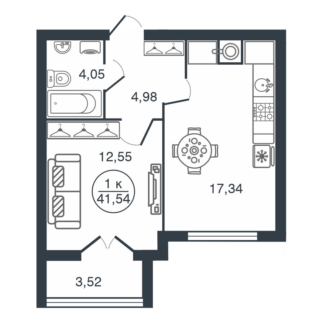 Планировка 1-комнатной квартиры 41.54 м²