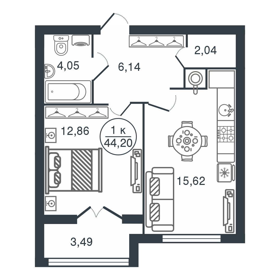 Планировка 1-комнатной квартиры 44.2 м²