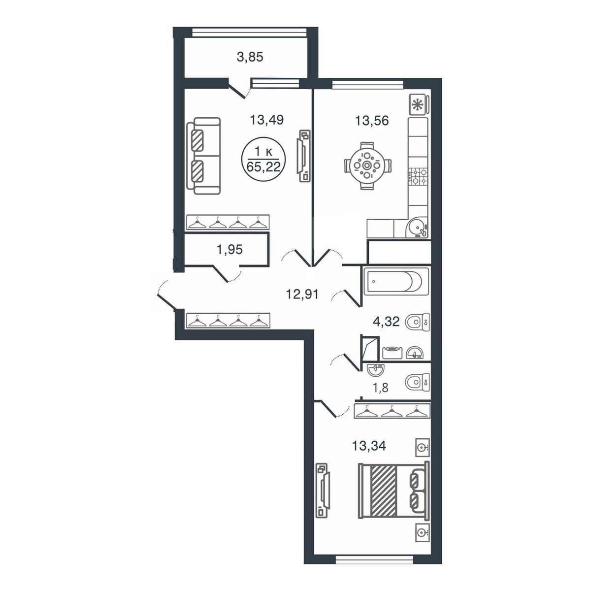 Планировка 2-комнатной квартиры 65.22 м²