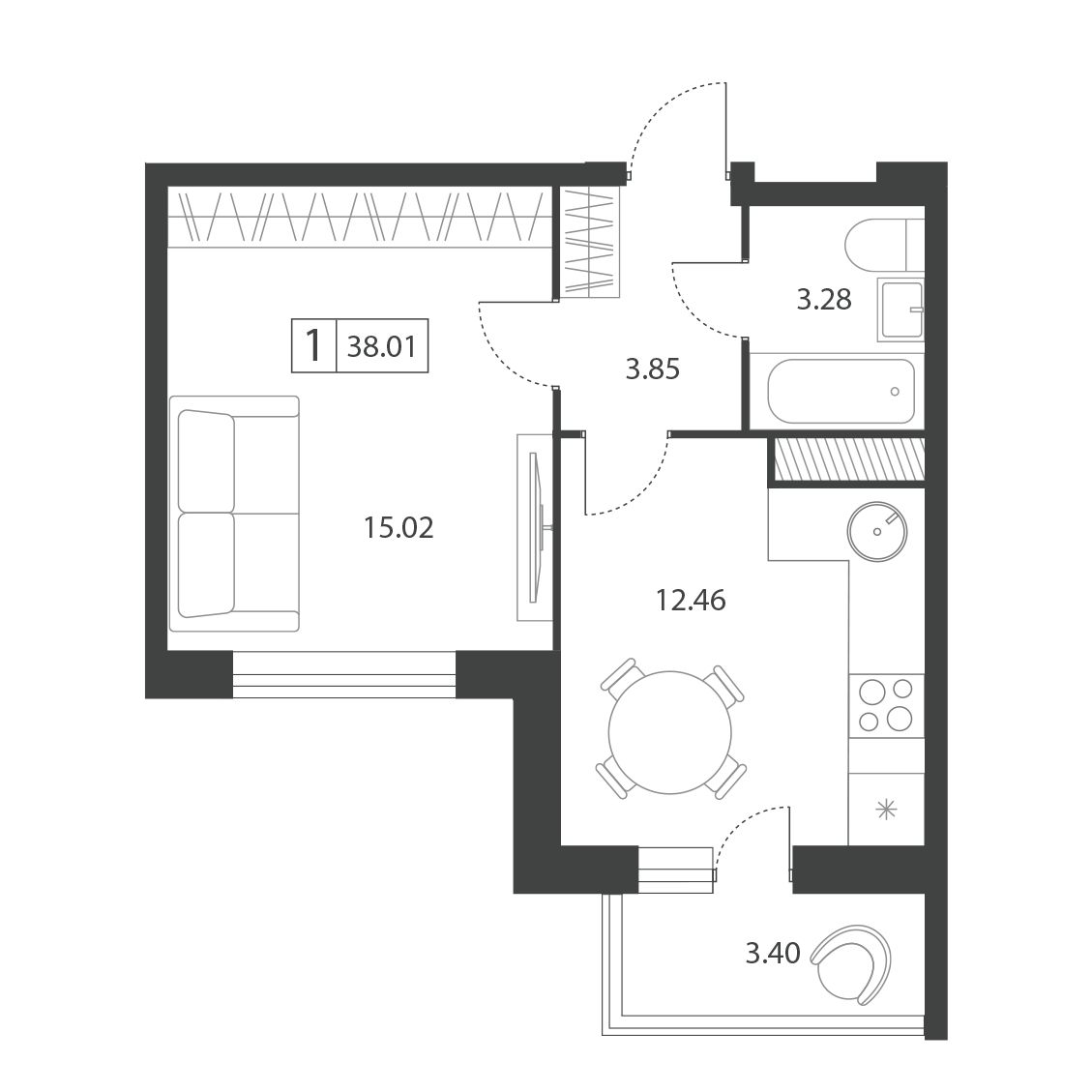 Планировка 1-комнатной квартиры 38.01 м²