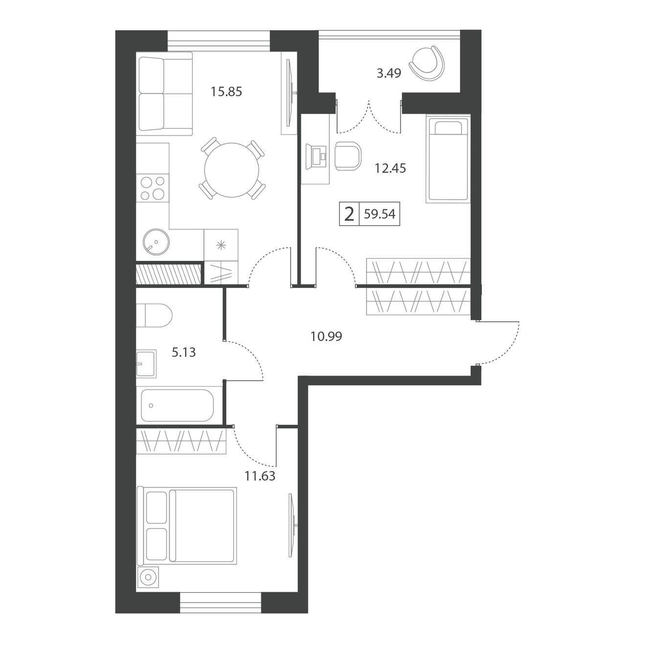Планировка 2-комнатной квартиры 59.54 м²