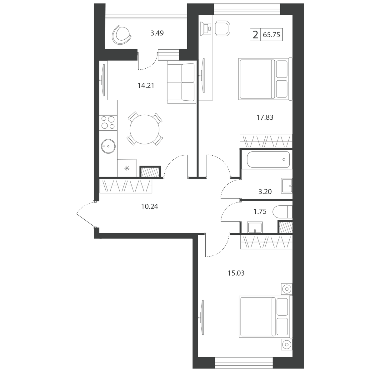 Планировка 2-комнатной квартиры 65.75 м²