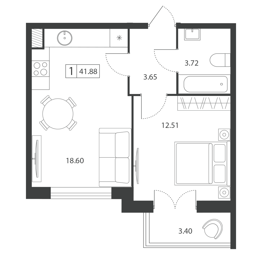Планировка 1-комнатной квартиры 41.88 м²