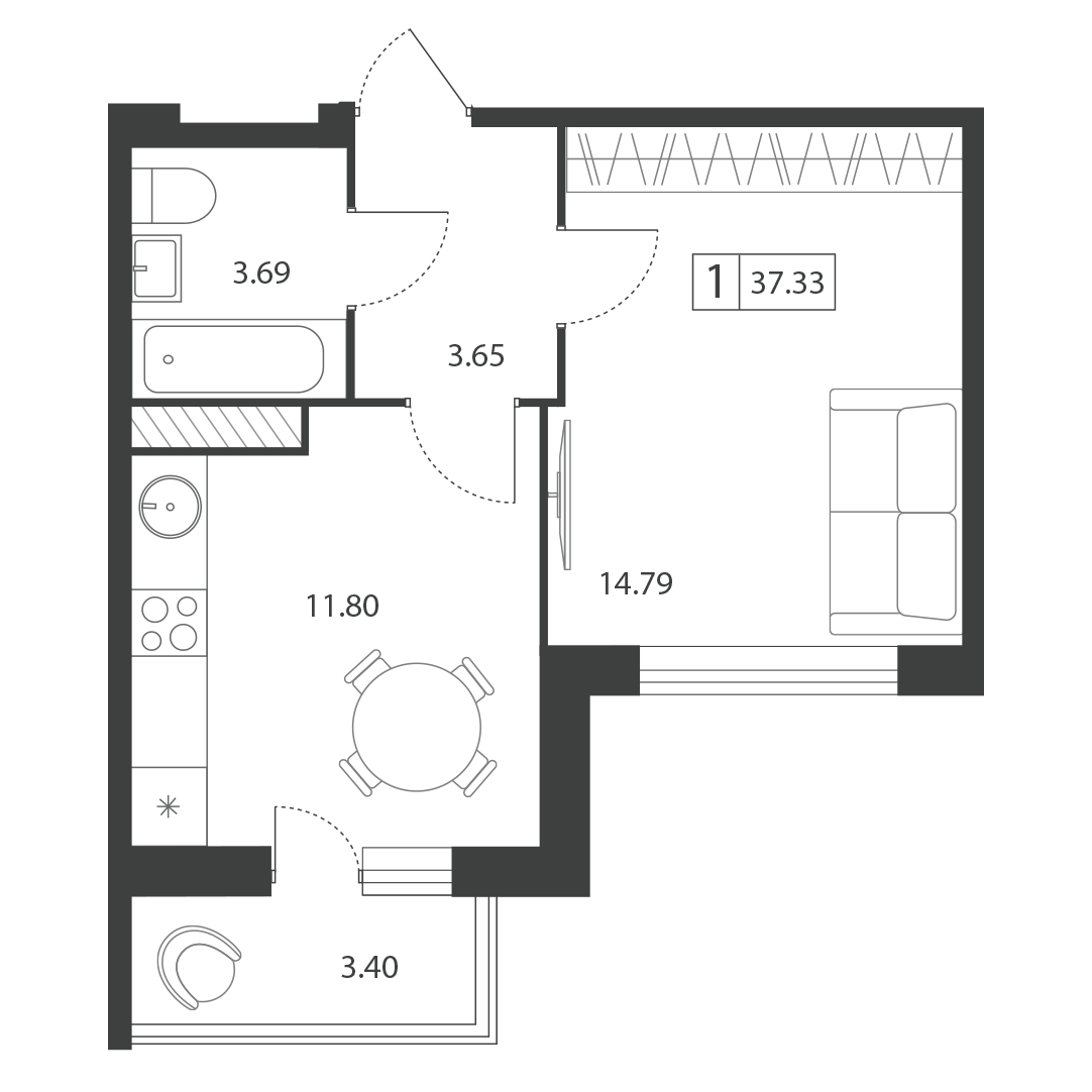 Планировка 1-комнатной квартиры 37.33 м²
