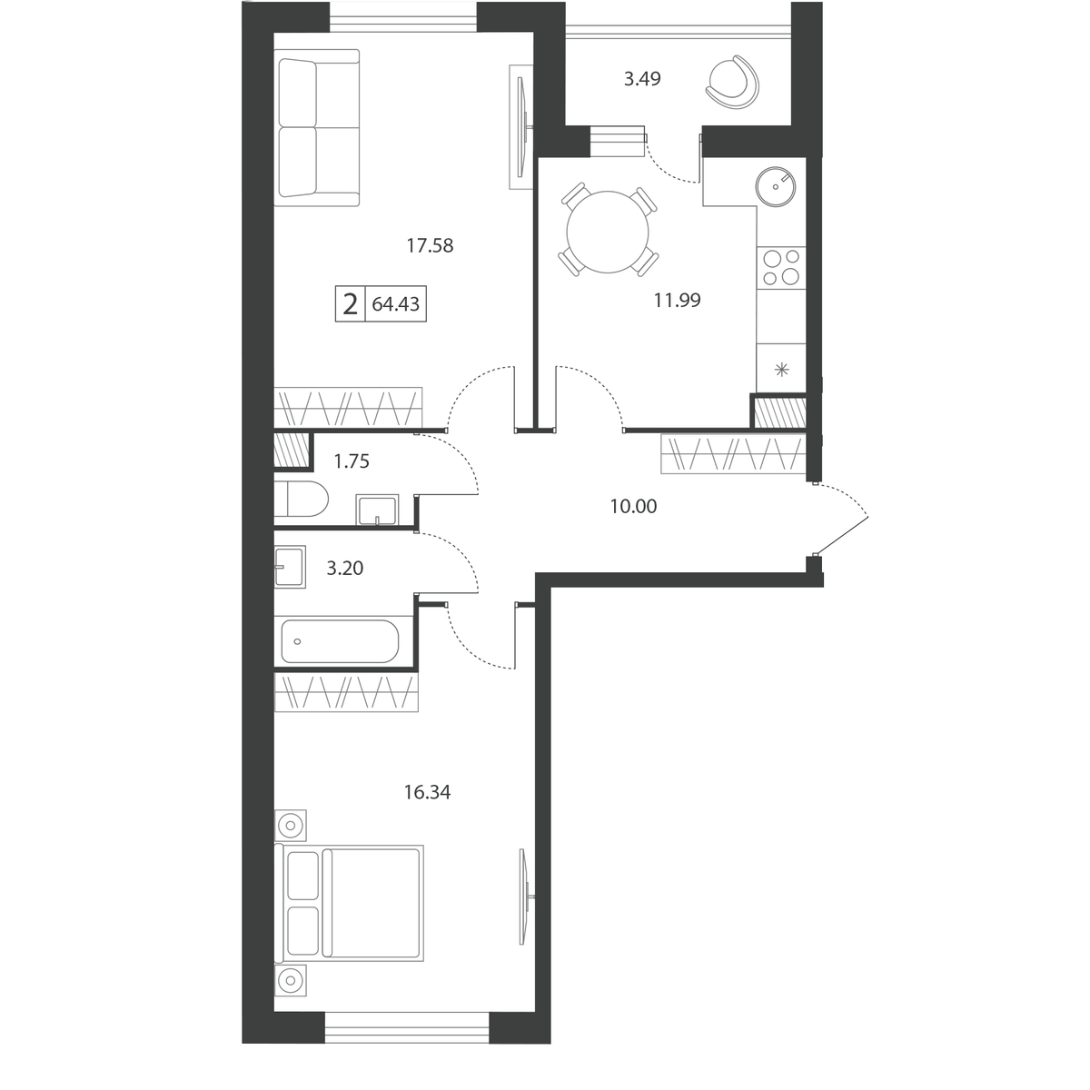 Планировка 2-комнатной квартиры 64.35 м²
