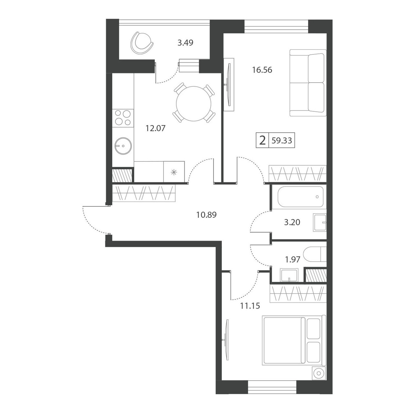 Планировка 2-комнатной квартиры 59.33 м²