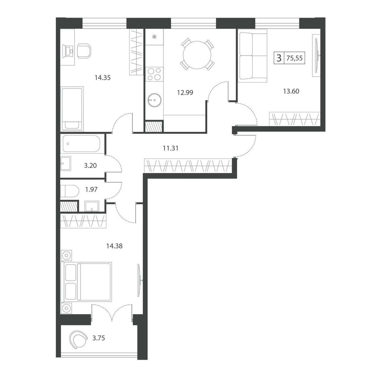Планировка 3-комнатной квартиры 75.55 м²