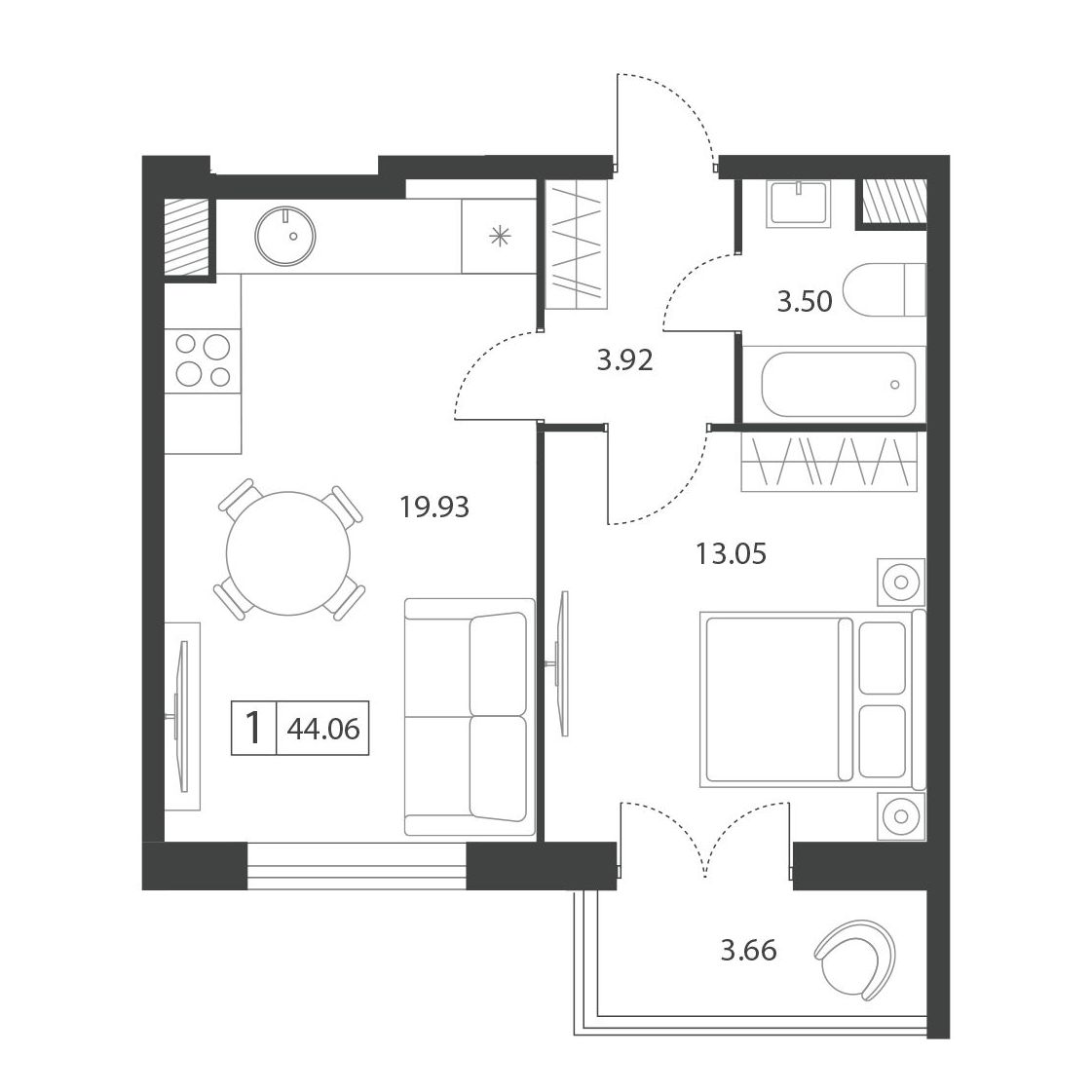Планировка 1-комнатной квартиры 44.06 м²