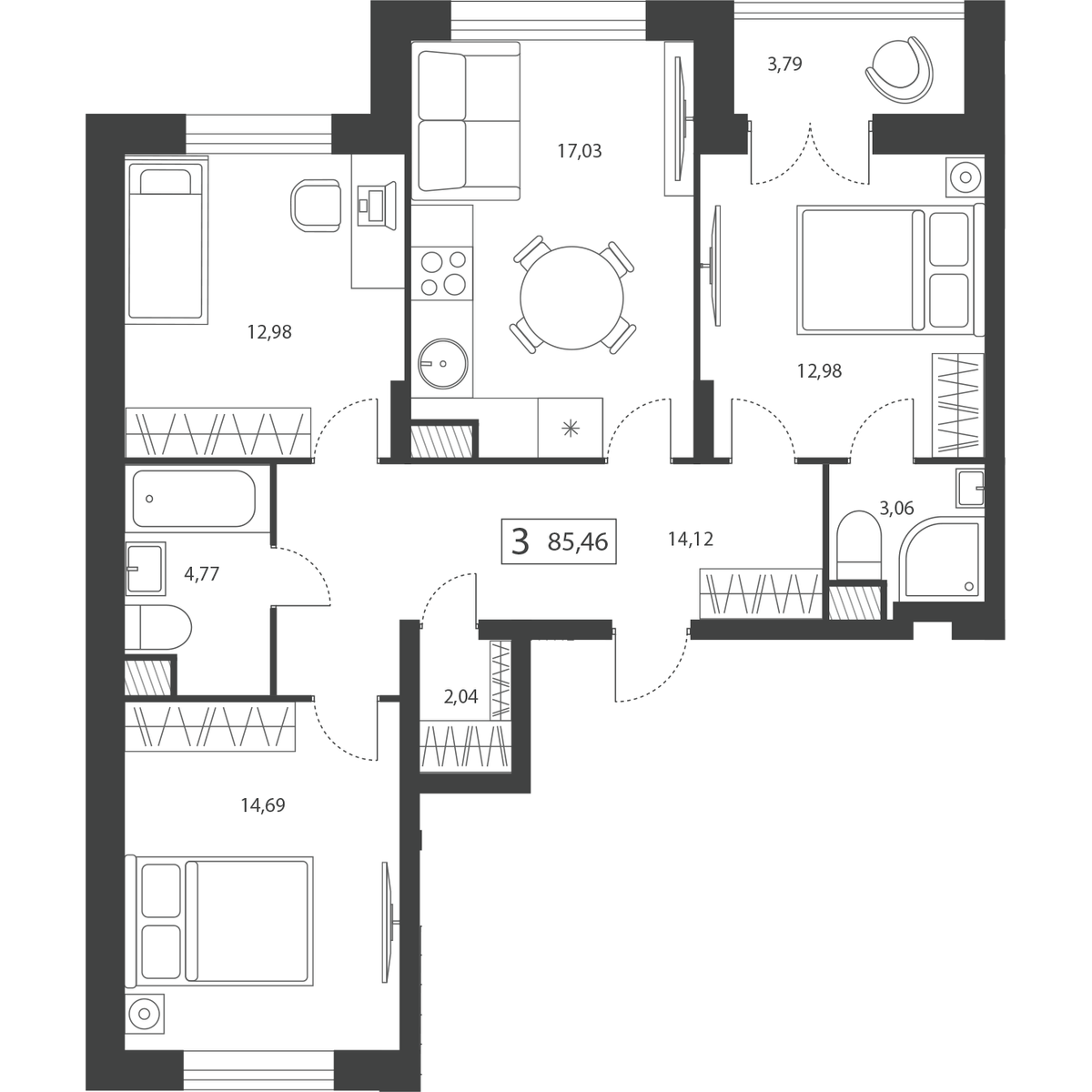 Планировка 3-комнатной квартиры 85.46 м²