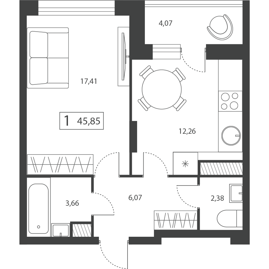 Планировка 1-комнатной квартиры 45.85 м²
