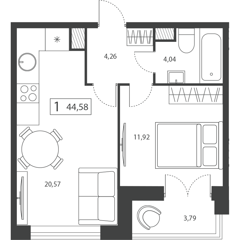 Планировка 1-комнатной квартиры 44.58 м²