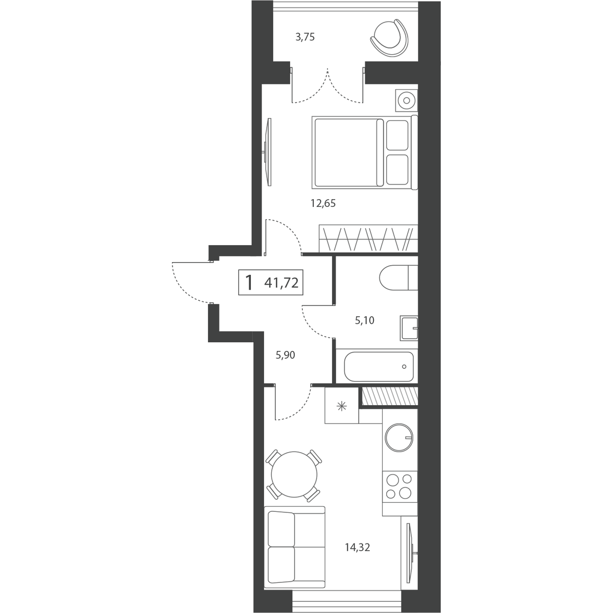 Планировка 1-комнатной квартиры 41.72 м²