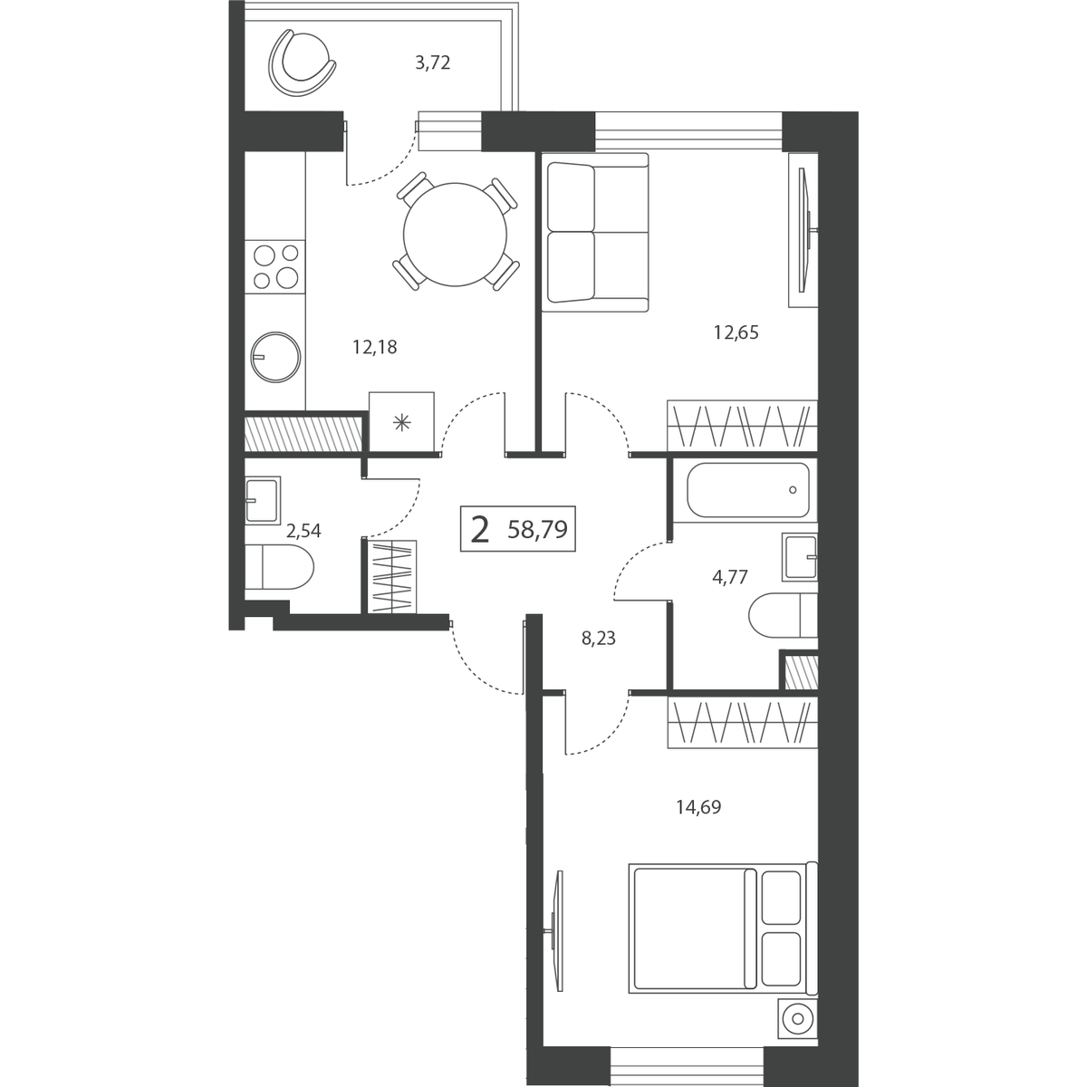 Планировка 2-комнатной квартиры 58.79 м²