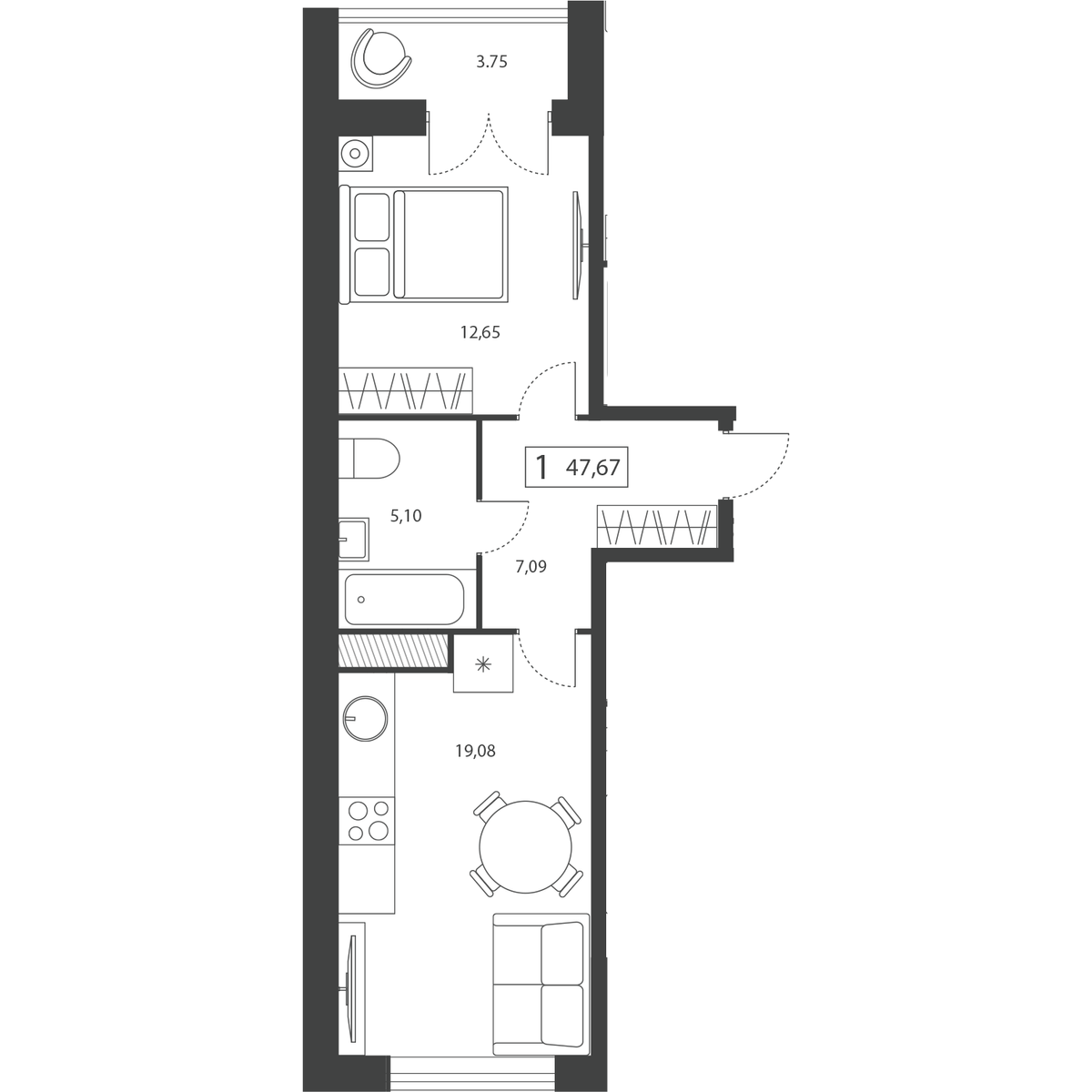 Планировка 1-комнатной квартиры 47.67 м²